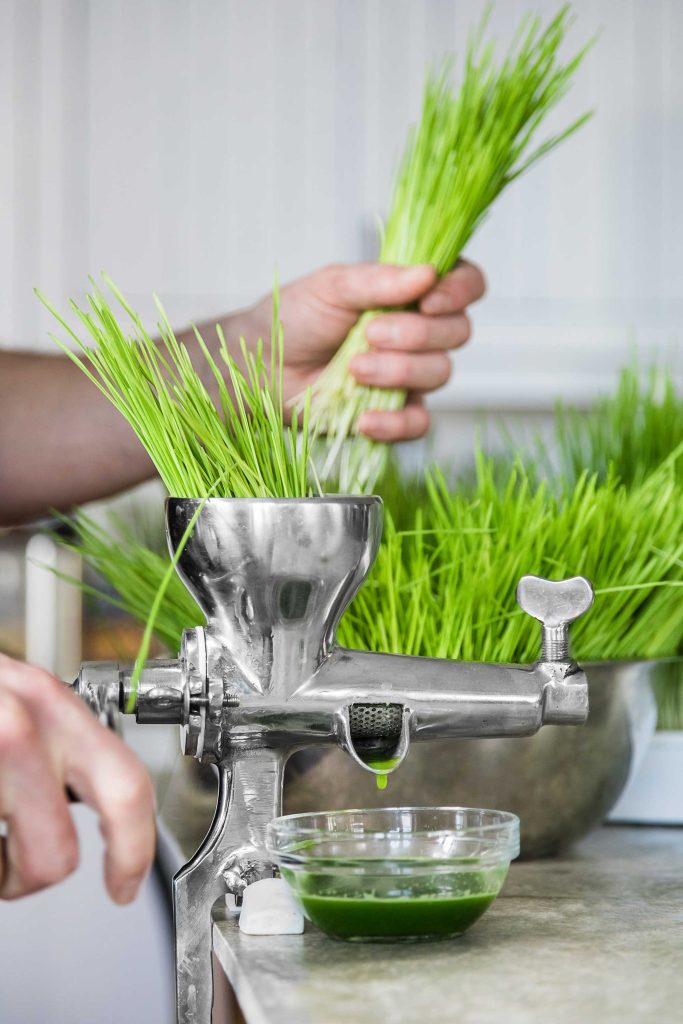 A person is extracting juice from fresh wheatgrass using a manual juicer, with vibrant green grass in the background. The extracted juice is collected in a small glass bowl.