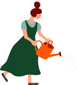 A woman in a green dress waters plants with an orange watering can. The illustration captures a moment of gardening activity.